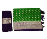 Leaf Green Banaras Georgette Saree with purple silver Zari Border - MIRASILKS Leaf Green Banaras Georgette Saree with purple silver Zari Border